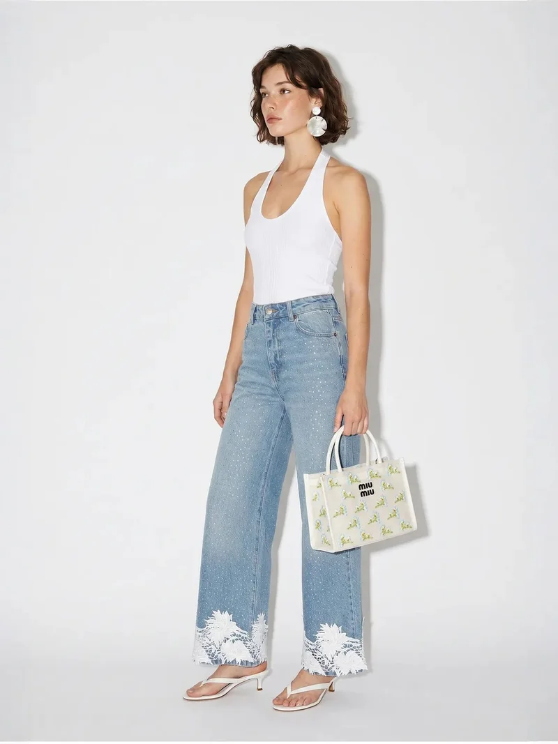 Bianco Lucci LUCCI High-Waist Wide-Leg Embroidered Jeans