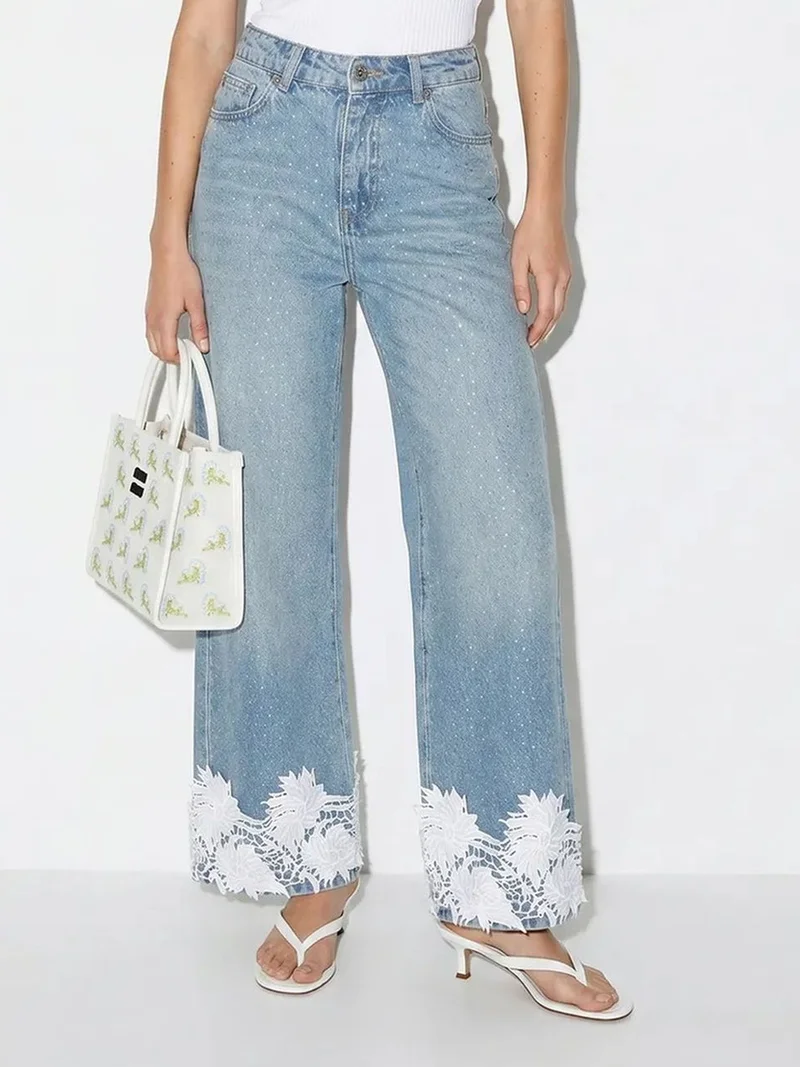Bianco Lucci LUCCI High-Waist Wide-Leg Embroidered Jeans