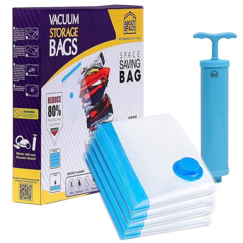 ABOUT SPACE Polyethylene 4 Pack Vacuum Bags For Travel With Hand Pump,Airtight,Reusable Space Saver Compression Storage Bags For Packing,Sealer Bags With Ziplock For Comforters Blanket (Small), blue - Image 1