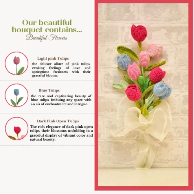 Happy Threads Crocheted Tulips Bouquet 18 inch Beautiful and Vibrant Colours Flowers Bouquet for Birthdays Weddings Gifts for Girlfriend Wife Husband Best Decor Item for Home Offices - Image 4