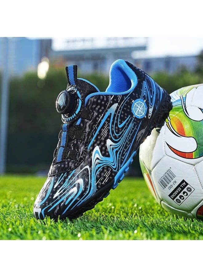Messi Children's Football Shoes Crushed Nails Sneaker Velcro Pupil Training Shoes Boys Long Nails - Black and Blue M308 Knob Buckle