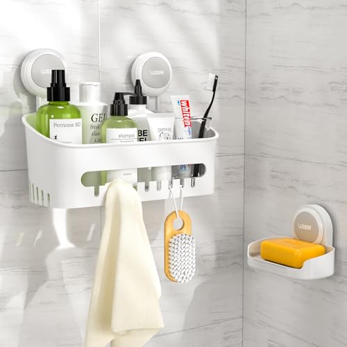 LUXEAR Shower Caddy Suction Cup 2 Pack Suction Shower Basket + Soap Dish Holder NO-Drilling Removable One Second Installation Shower Organizer Powerful Waterproof Bathroom Caddy Storage - Image 1