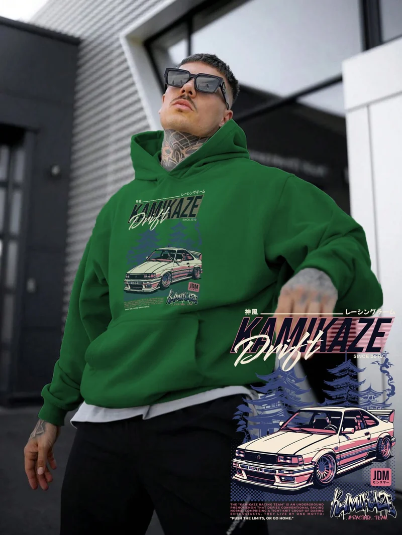 DogFish Women, Men's Sweatshirt Oversize Kamikaze Racing Team Printed Thick Green Lover Sweatshirt