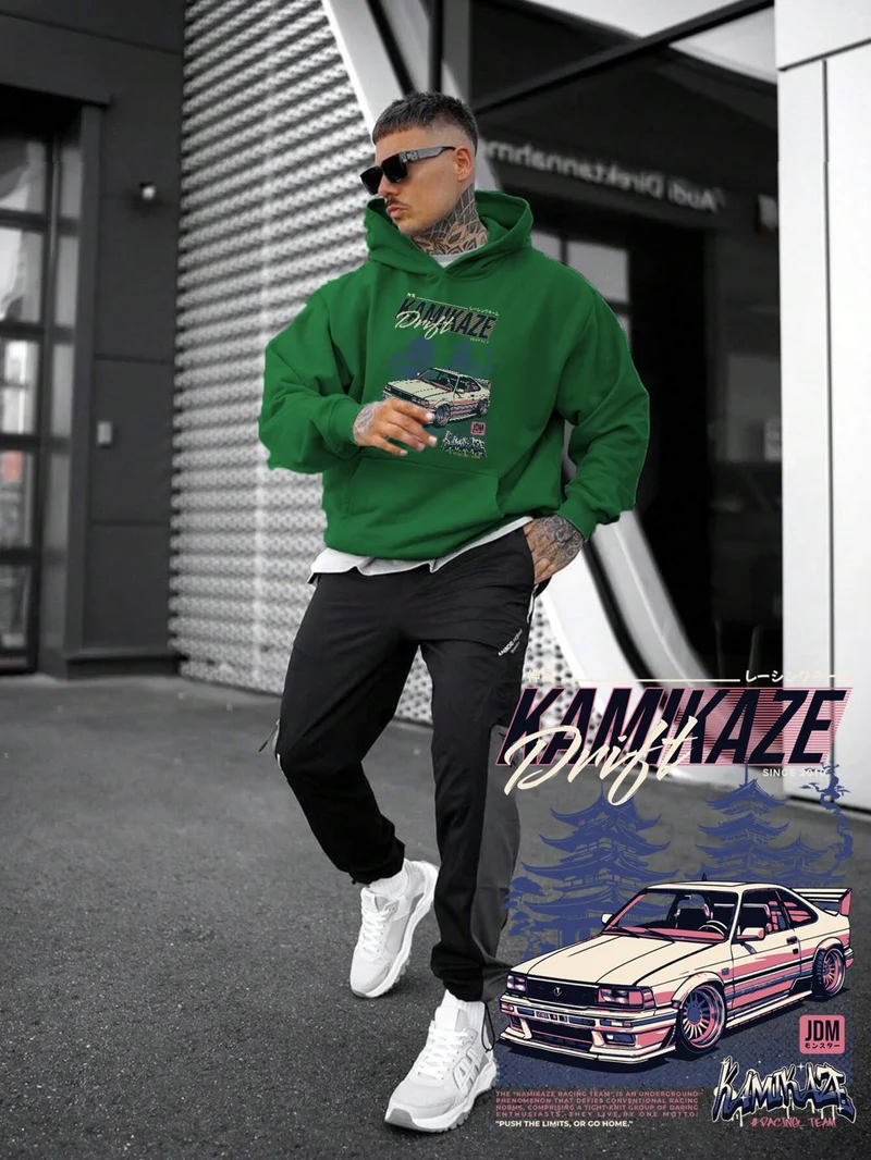 DogFish Women, Men's Sweatshirt Oversize Kamikaze Racing Team Printed Thick Green Lover Sweatshirt