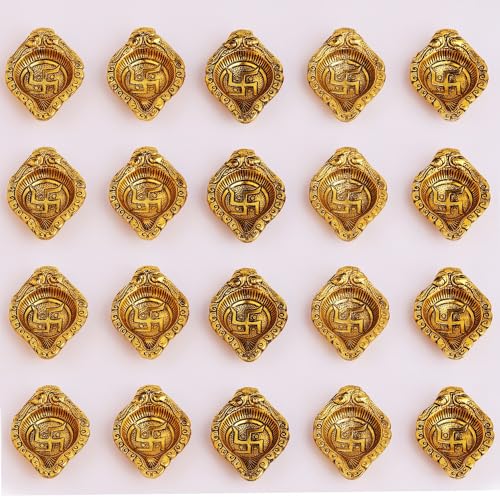 Indian-Shelf 20 Pieces Swastik Aarti Diyas for Puja Aluminium Gold Finish Oil Lamp Diwali Gifts Item Diva for Home Decoration - Image 1