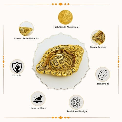Indian-Shelf 20 Pieces Swastik Aarti Diyas for Puja Aluminium Gold Finish Oil Lamp Diwali Gifts Item Diva for Home Decoration - Image 3