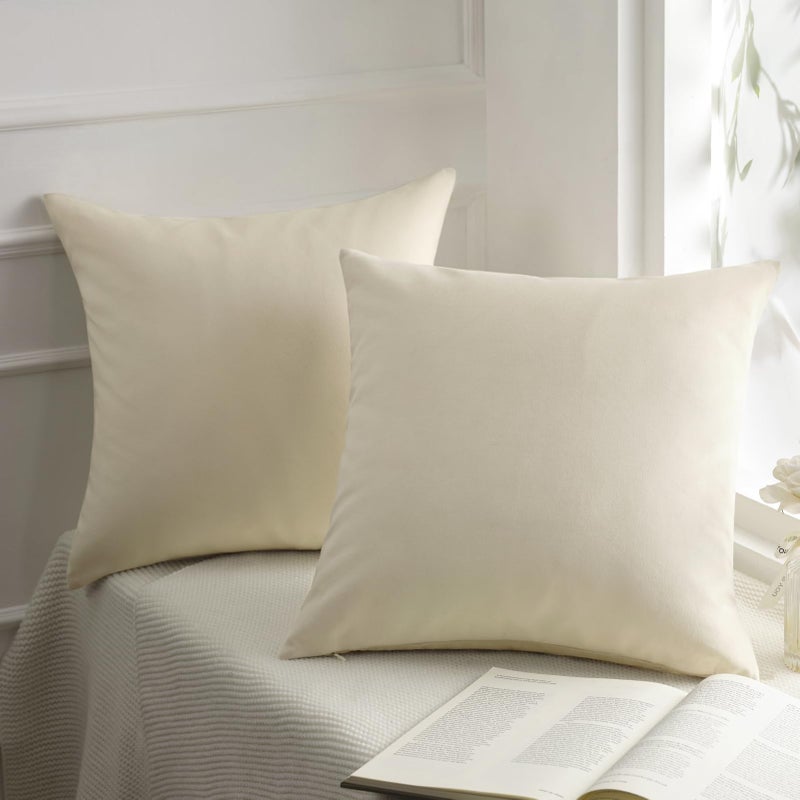 Phantoscope Pack of 2 Velvet Decorative Throw Decorative Pillow Cover Soft Solid Square Cushion Case for Couch Off White 26 x 26 inches 65 x 65 cm