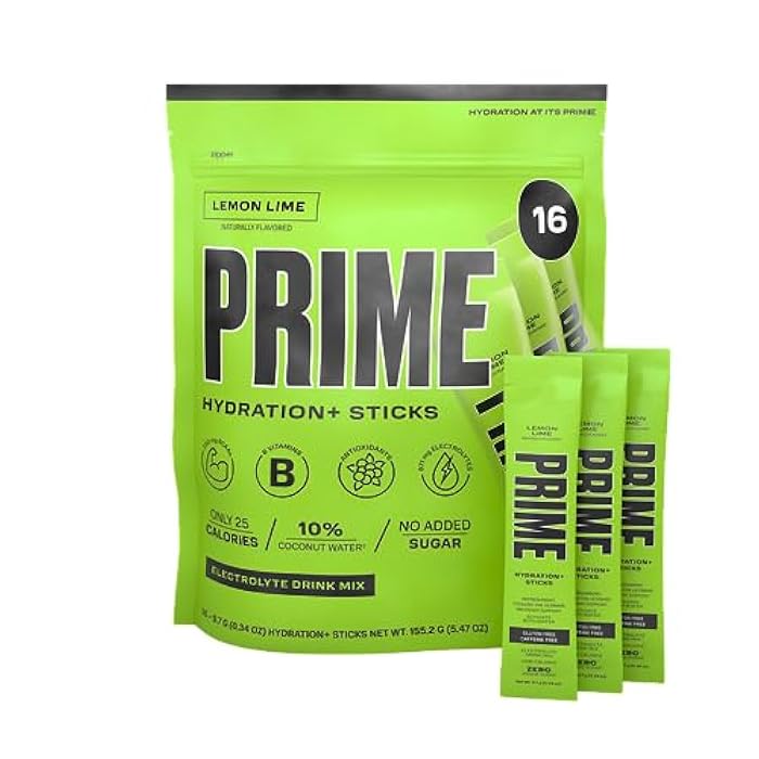 PRIME HYDRATION+ Sticks Lemon Lime | Hydration Powder Single Serve Sticks | Electrolyte Powder On The Go | Low Sugar | Caffeine-Free | Vegan | 16 Sticks - Image 1