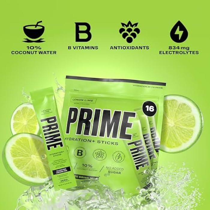 PRIME HYDRATION+ Sticks Lemon Lime | Hydration Powder Single Serve Sticks | Electrolyte Powder On The Go | Low Sugar | Caffeine-Free | Vegan | 16 Sticks - Image 5