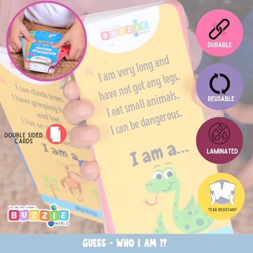 BuzzieWorld Buzzie - Guess Who I Am? Riddle Cards | Flashcards for Kids, Preschooler, Children | Return Birthday Gifts | Travel Pack | Screen Free | 3-99yrs | Pack of 30 Double Sided flashcards | 30X2 Riddles - Image 5