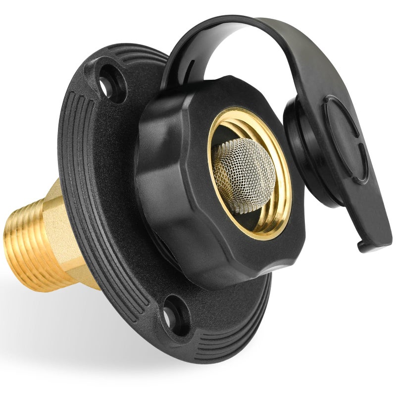 Tecreddy RV City Water Inlet with Brass Check Valve, Fresh Water Fill Flange for Camper Hookup, Durable RV Water Replacement Connection Fittings, Black - Image 1