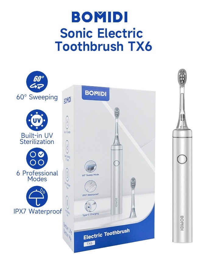 BOMIDI TX6 Sonic Electric Toothbrush: 60° Sweeping for Deep Cleaning, 6 Professional Modes, UV Sterilization, IPX7 Waterproof, and Type-C Charging - Grey - Image 2