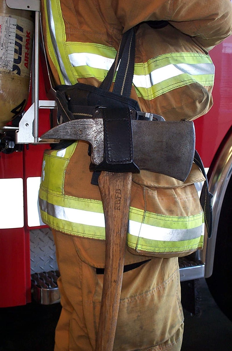 LINE2design Firefighter Fire Axe Cradle Holder - Portable Fire Hooks Wood Axes Heavy Duty Secure Reflective Trim 360 Degree Swivel Leather Axe carry Case with Two Stainless Steel Belt Clips – Black - Image 1
