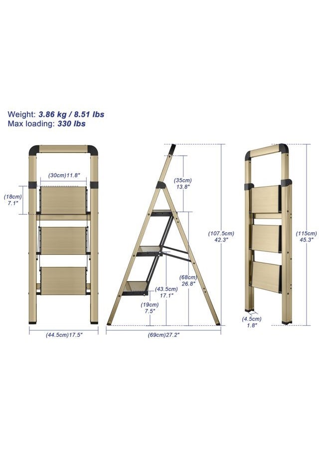 BIBKOKE Step Ladders Folding 3-Step Champagne Gold Finish Aluminum Foldable Step Stool,Anti-Slip Portable Sturdy for Home & Kitchen Office 330 lbs - Image 2
