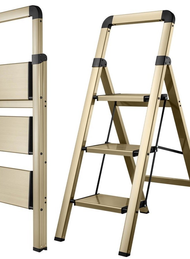 BIBKOKE Step Ladders Folding 3-Step Champagne Gold Finish Aluminum Foldable Step Stool,Anti-Slip Portable Sturdy for Home & Kitchen Office 330 lbs - Image 1