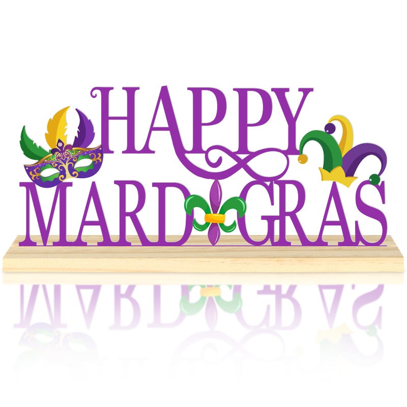 Sereliy Happy Mardi Gras Metal Table Sign, Mardi Gras Table Decoration Centerpiece, Metal Letter Sign with Wooden Base, Holiday Tabletop Decor for Home, Office, Mantel, Party Supplies - Image 1