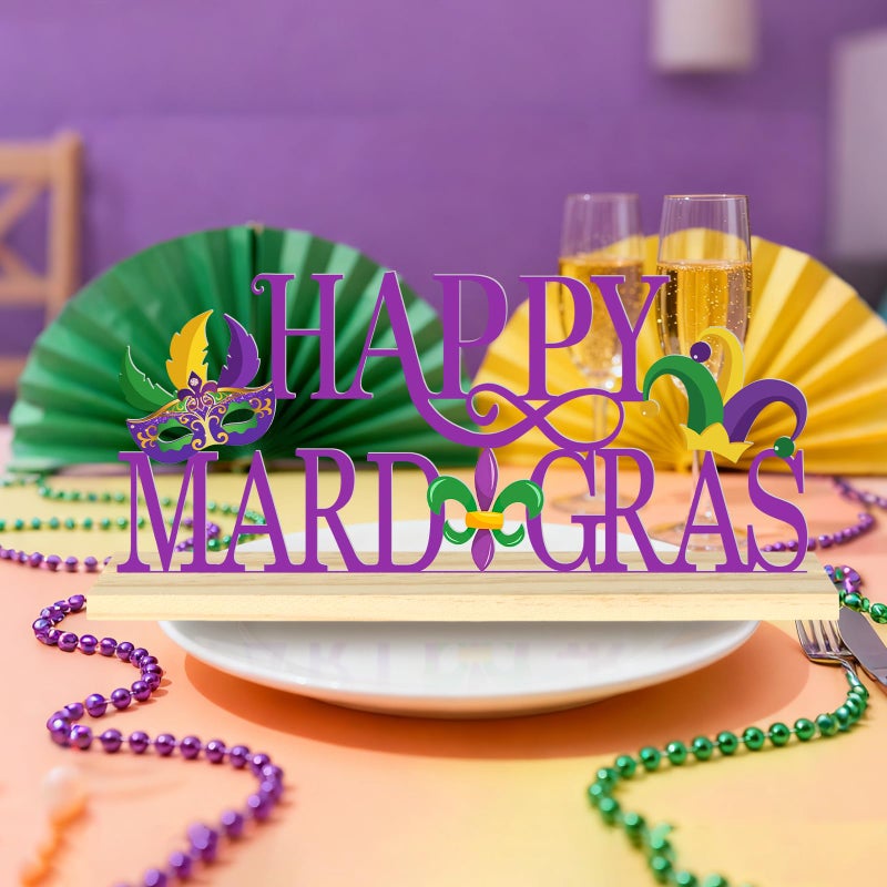 Sereliy Happy Mardi Gras Metal Table Sign, Mardi Gras Table Decoration Centerpiece, Metal Letter Sign with Wooden Base, Holiday Tabletop Decor for Home, Office, Mantel, Party Supplies - Image 4