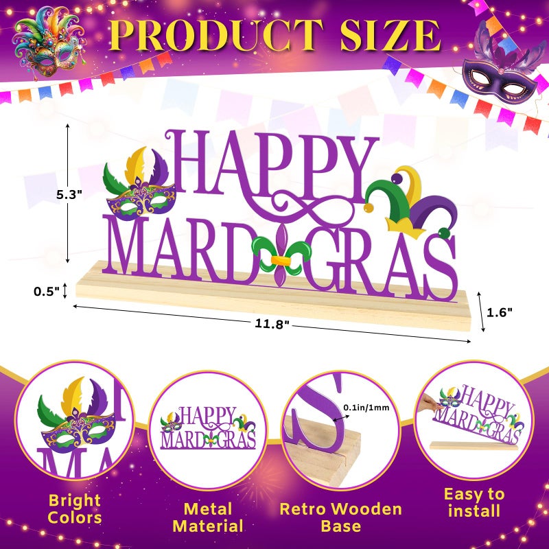 Sereliy Happy Mardi Gras Metal Table Sign, Mardi Gras Table Decoration Centerpiece, Metal Letter Sign with Wooden Base, Holiday Tabletop Decor for Home, Office, Mantel, Party Supplies - Image 2