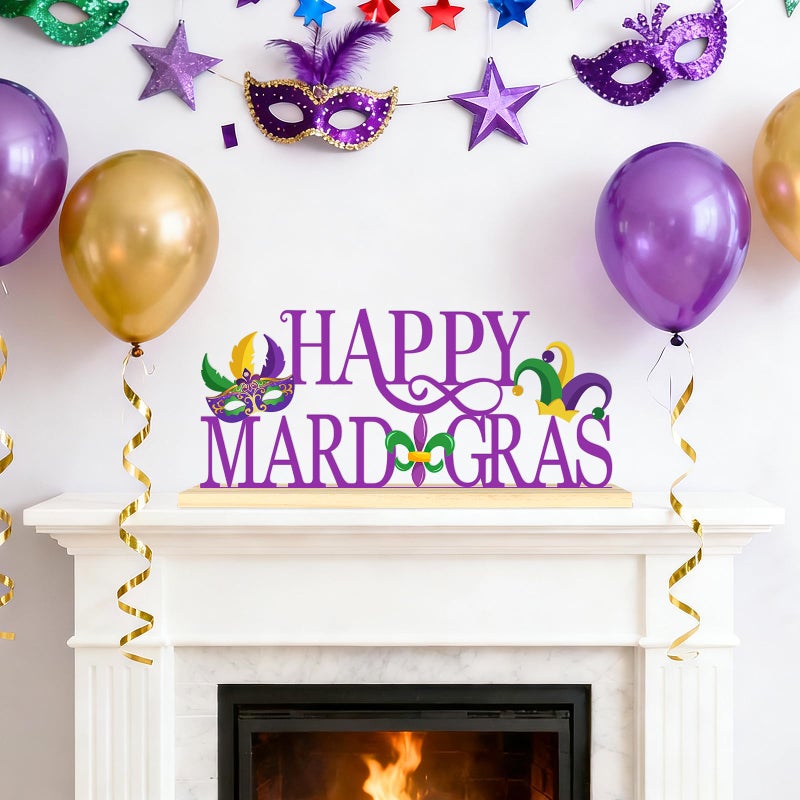 Sereliy Happy Mardi Gras Metal Table Sign, Mardi Gras Table Decoration Centerpiece, Metal Letter Sign with Wooden Base, Holiday Tabletop Decor for Home, Office, Mantel, Party Supplies - Image 5