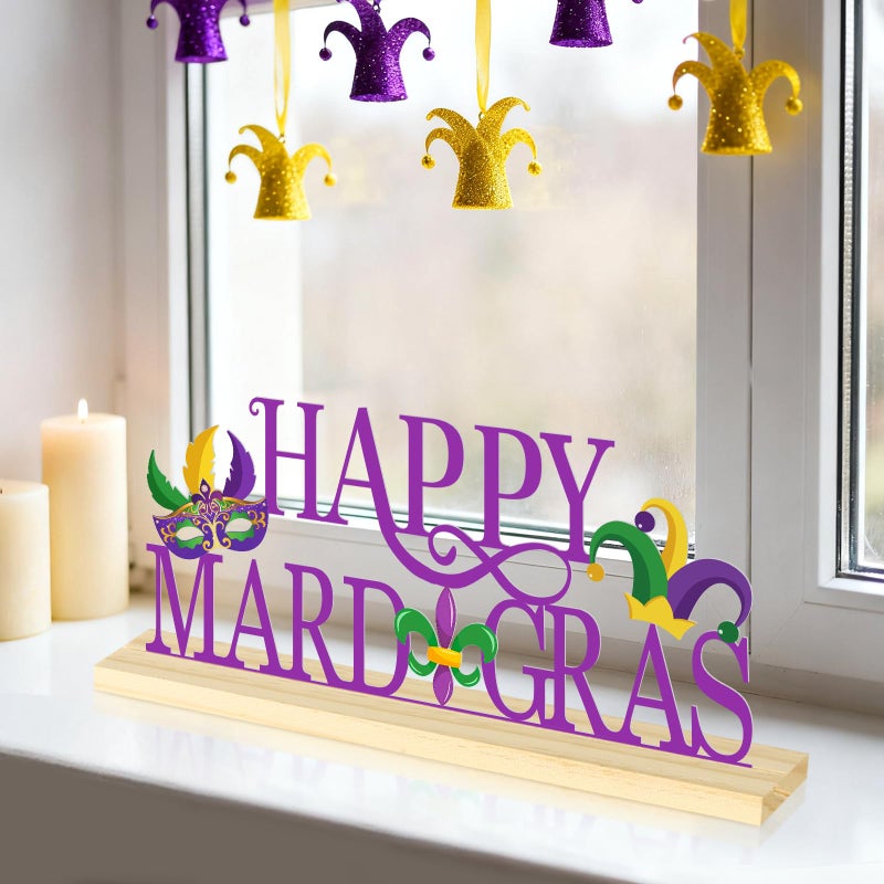 Sereliy Happy Mardi Gras Metal Table Sign, Mardi Gras Table Decoration Centerpiece, Metal Letter Sign with Wooden Base, Holiday Tabletop Decor for Home, Office, Mantel, Party Supplies - Image 3