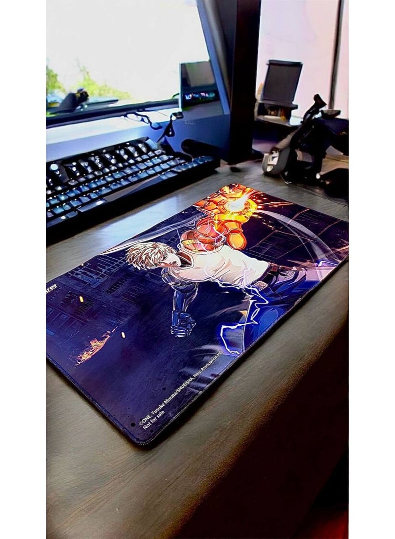 Large Extended Gaming Mouse Pad Featuring characters from the anime series One-Punch Man, specifically Genos and presumably Saitama (implied by the fiery punch ) 700 x 400 × 3mm. - Image 1