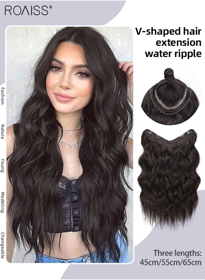 roaiss - V-Shaped Brown Black Hair Extensions, One Piece Wavy Hair Extension with 4 Clips, Heat Resistant Synthetic Hairpiece for Women Girls - Image 1