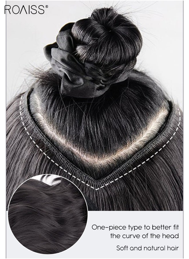 roaiss - V-Shaped Brown Black Hair Extensions, One Piece Wavy Hair Extension with 4 Clips, Heat Resistant Synthetic Hairpiece for Women Girls - Image 1