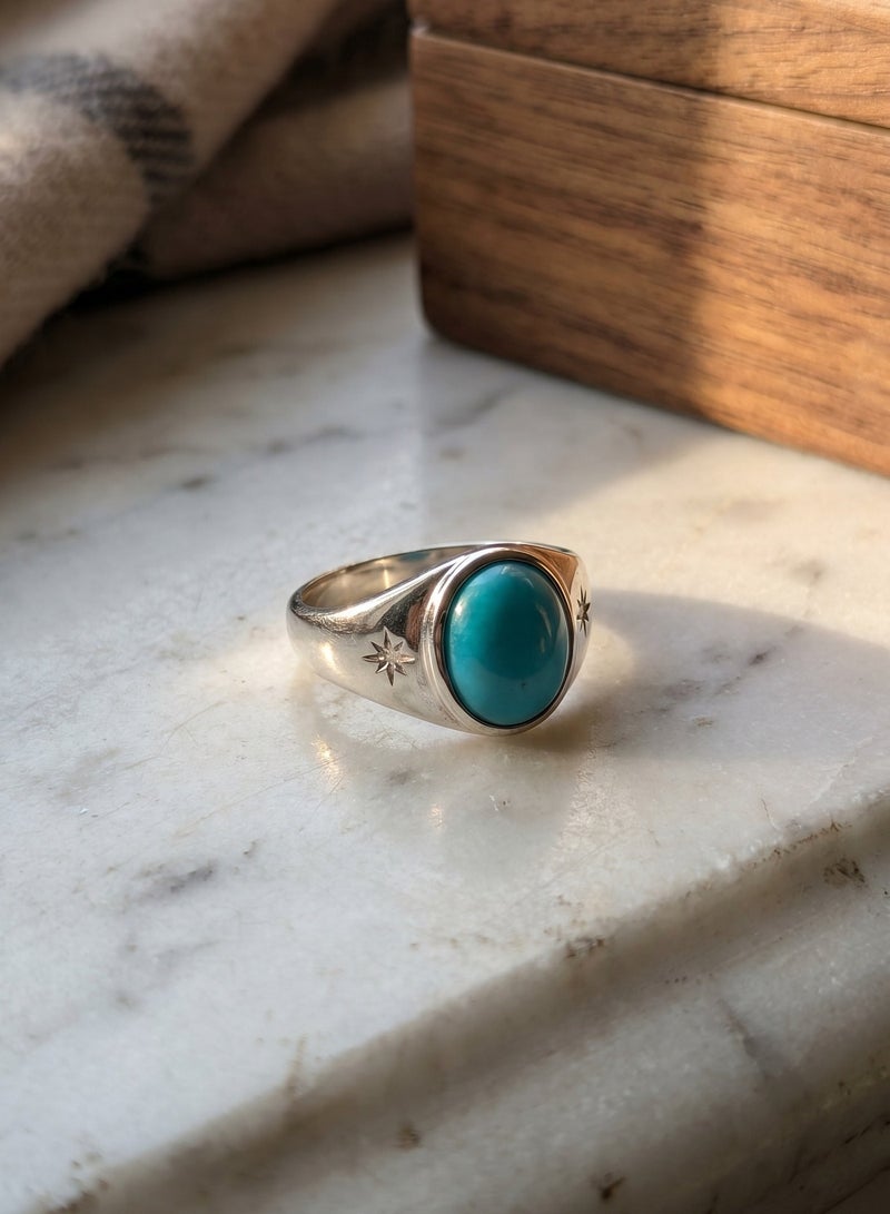 Elegant Silver Tone Ring Featuring a Stunning Round Turquoise Blue Stone Focal Charm, Sophisticated Casual Minimalist Jewelry Accessory for Daily Wear - Image 1