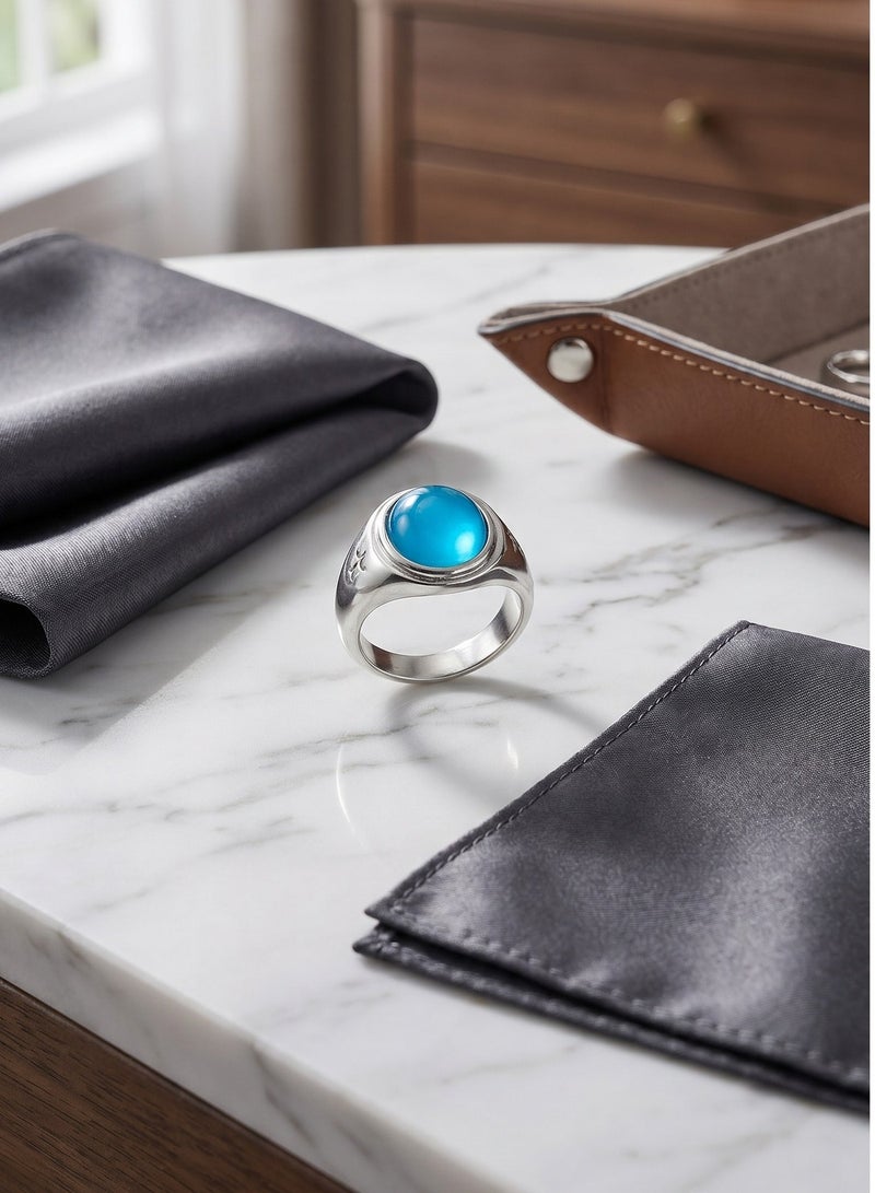 Elegant Silver Tone Ring Featuring a Stunning Round Turquoise Blue Stone Focal Charm, Sophisticated Casual Minimalist Jewelry Accessory for Daily Wear - Image 2