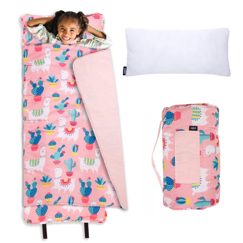 Wildkin Kids Original Nap Mat Cozy Kids Sleep Mat with Pillow Ideal for School Travel Llamas and Cactus Pink - Image 2
