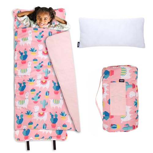 Wildkin Kids Original Nap Mat Cozy Kids Sleep Mat with Pillow Ideal for School Travel Llamas and Cactus Pink - Image 1