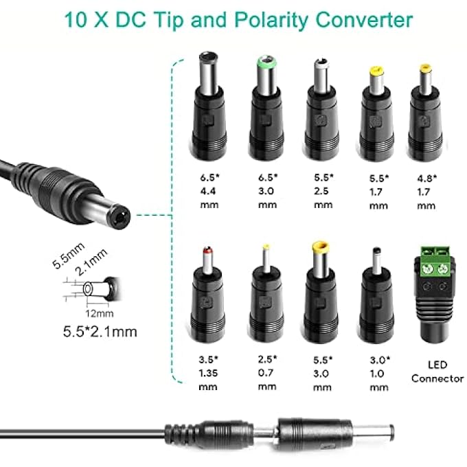 rayihni محول طاقة عالمي AC 100-240V DC 12V 5A 4A 3A مع 11 موصل 5.5*2.1MM 6.5*4.4MM 3.5*1.35MM 4.0*1.7MM لإضاءة شريط LED شاشة ديل AOC MSI Z-EDGE U27C لوحة مفاتيح كاسيو كمبيوتر صغير - Image 2