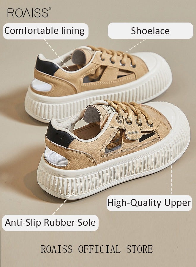 roaiss Women Stylish Platform Shoes, Low Top Lace up Board Shoes, Casual Versatile Sneakers for Ladies, Comfy Flat Shoes with Non-slip Soles, Suitable for Daily Wear and Outdoor Activities - Image 2