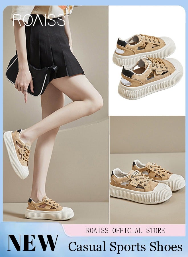 roaiss Women Stylish Platform Shoes, Low Top Lace up Board Shoes, Casual Versatile Sneakers for Ladies, Comfy Flat Shoes with Non-slip Soles, Suitable for Daily Wear and Outdoor Activities - Image 1