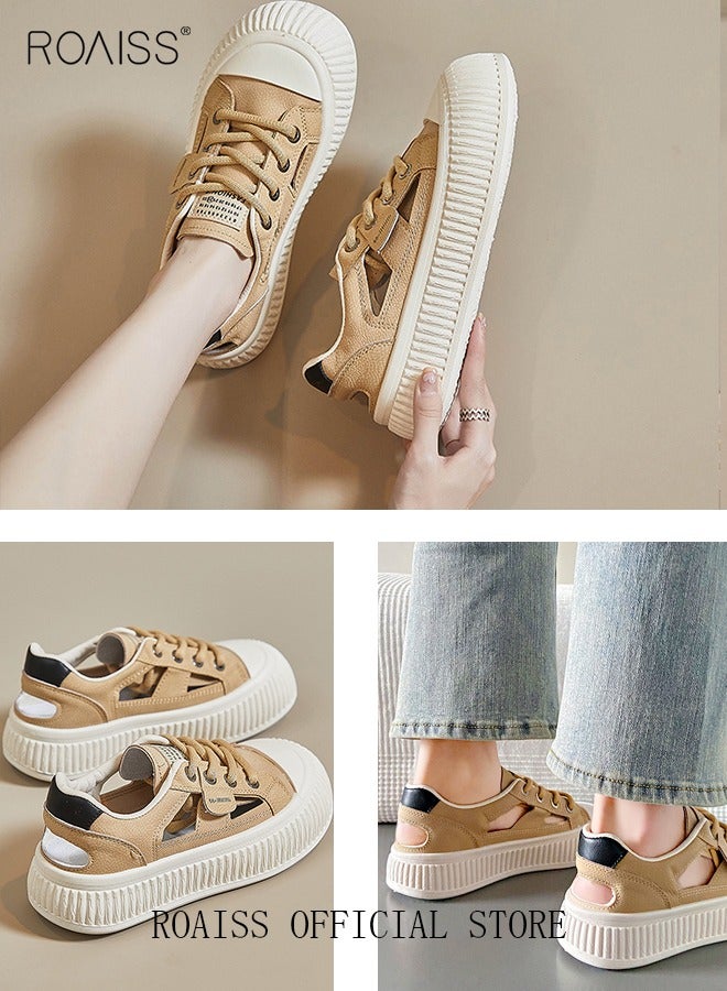 roaiss Women Stylish Platform Shoes, Low Top Lace up Board Shoes, Casual Versatile Sneakers for Ladies, Comfy Flat Shoes with Non-slip Soles, Suitable for Daily Wear and Outdoor Activities - Image 5