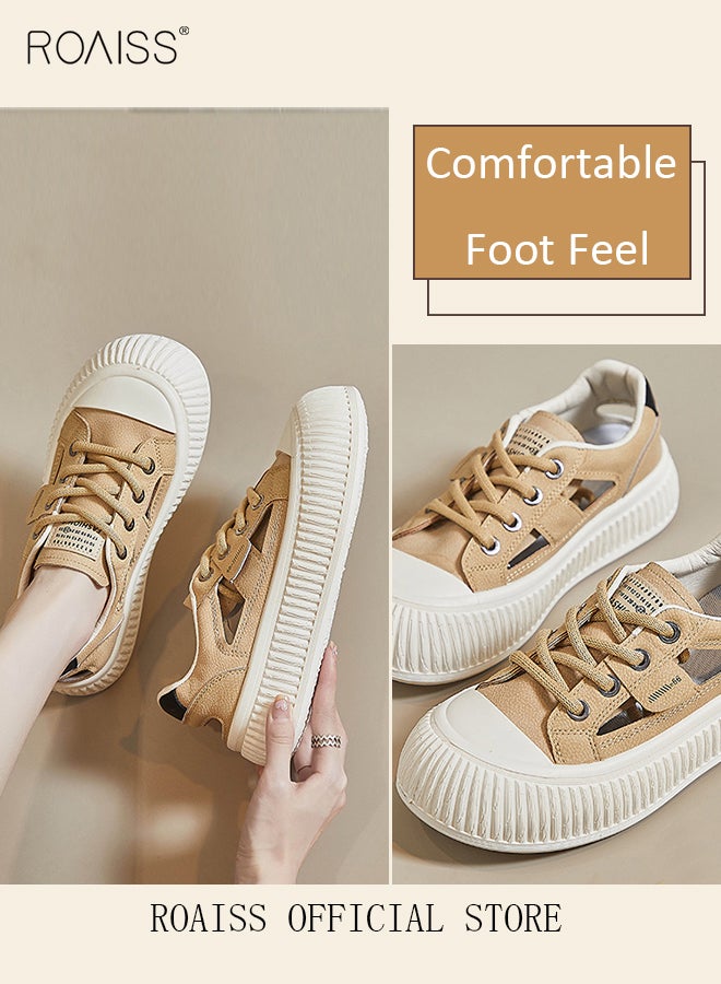 roaiss Women Stylish Platform Shoes, Low Top Lace up Board Shoes, Casual Versatile Sneakers for Ladies, Comfy Flat Shoes with Non-slip Soles, Suitable for Daily Wear and Outdoor Activities - Image 4