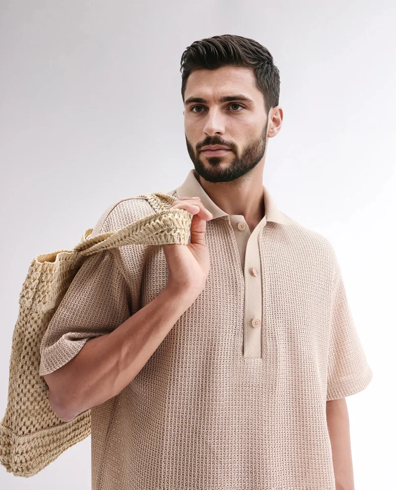 Rare Rabbit Rare Rabbit Men's Lbiza Beige Cotton Fabric Short Sleeve Collared Neck Button Closure Knitted Shirt