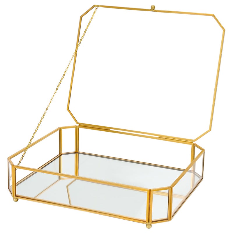 REDHUGO Large Glass Boxes for Display Handmade, Mirrored Bottom, Glass Jewelry Box with Lid, Trinket Box Book Photo Keepsake Organizer, Display Case for Vanity Decor Home Dresser, Octagon, Gold - Image 1