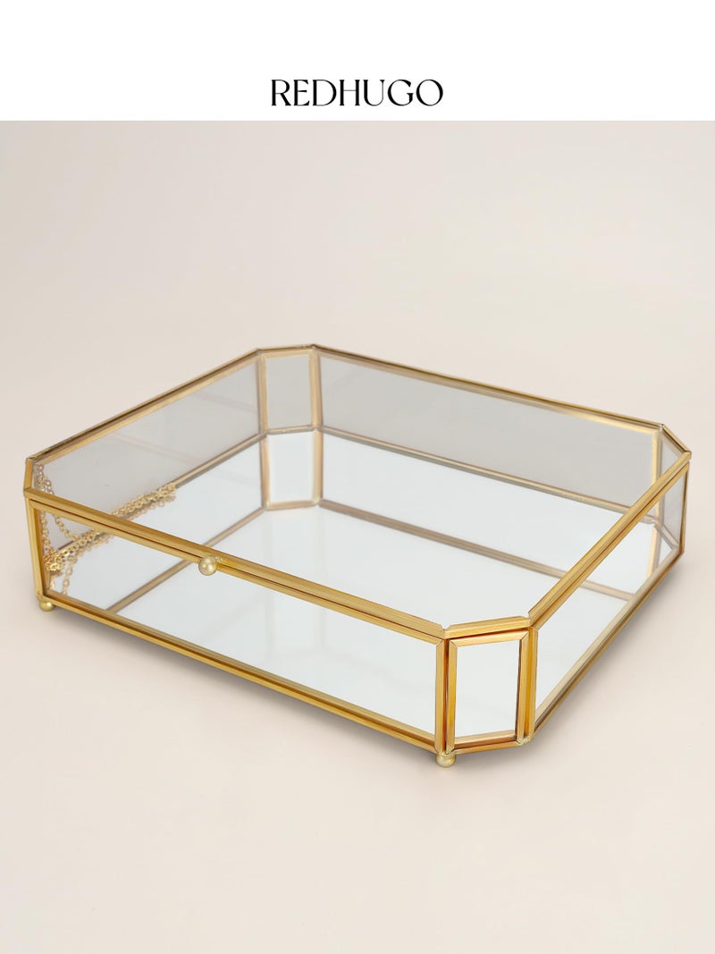 REDHUGO Large Glass Boxes for Display Handmade, Mirrored Bottom, Glass Jewelry Box with Lid, Trinket Box Book Photo Keepsake Organizer, Display Case for Vanity Decor Home Dresser, Octagon, Gold - Image 5