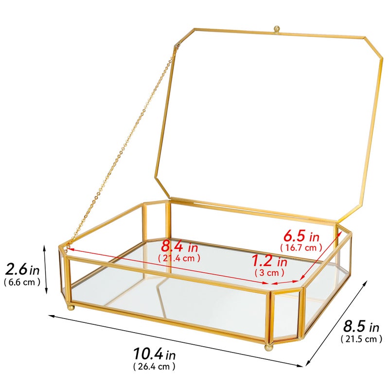 REDHUGO Large Glass Boxes for Display Handmade, Mirrored Bottom, Glass Jewelry Box with Lid, Trinket Box Book Photo Keepsake Organizer, Display Case for Vanity Decor Home Dresser, Octagon, Gold - Image 2