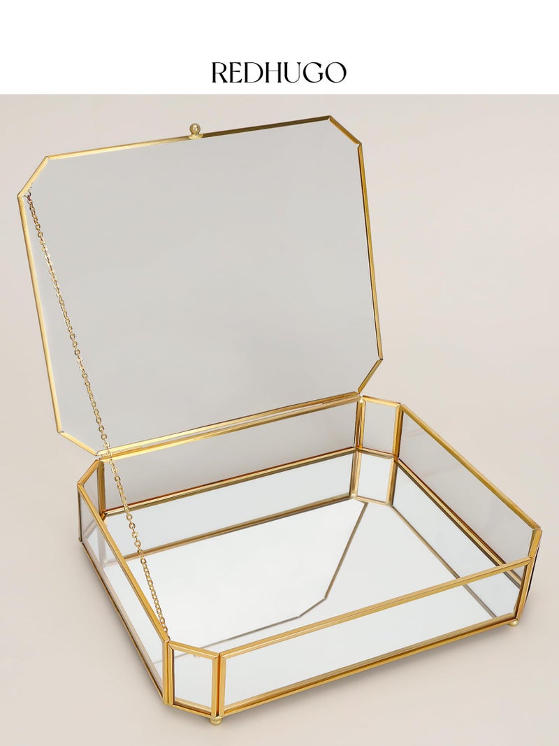 REDHUGO Large Glass Boxes for Display Handmade, Mirrored Bottom, Glass Jewelry Box with Lid, Trinket Box Book Photo Keepsake Organizer, Display Case for Vanity Decor Home Dresser, Octagon, Gold - Image 3