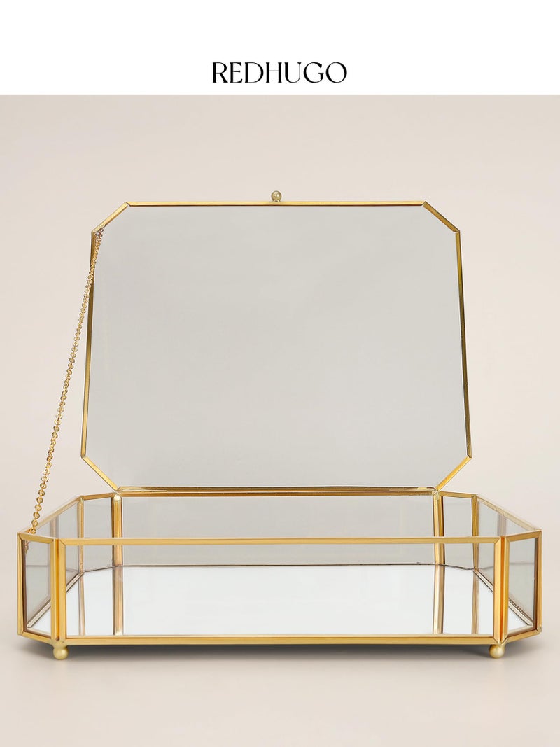 REDHUGO Large Glass Boxes for Display Handmade, Mirrored Bottom, Glass Jewelry Box with Lid, Trinket Box Book Photo Keepsake Organizer, Display Case for Vanity Decor Home Dresser, Octagon, Gold - Image 4