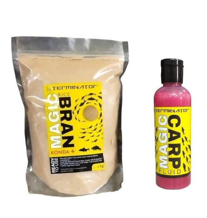 HTERMINATOR Magic BRAN Konda 1KG and Magic CARP Fluid 100ML Fish Bait Combo (Strawberry Combo)