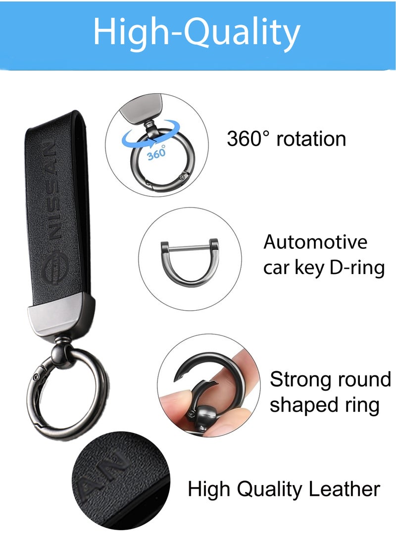 KeyAmor Luxurious Leather & Metal Keychain – Black Edition with Nissan Logo Elegant black metal and leather keychain car key holder for adults. Stylish car keychain with 3 key rings, featuring the iconic Nissan logo, perfect as a fancy gift or car accessory. Designed in a sleek black colour for a refined and modern look, it offers 360-degree rotation for added convenience, is suitable for both men and women, and comes beautifully packaged in a fancy gift box.  - Image 3