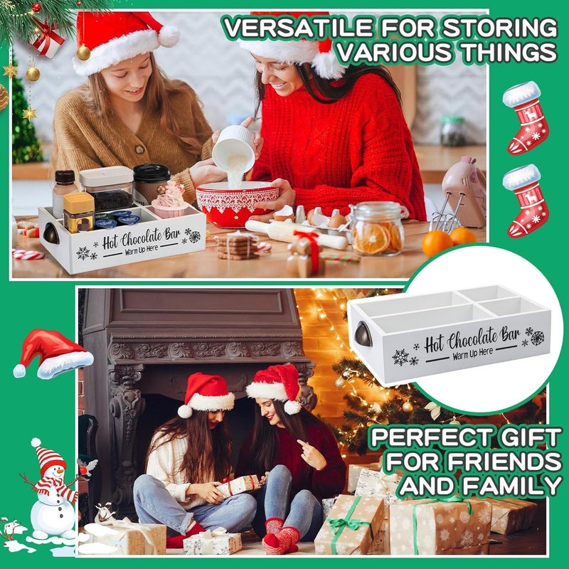 Soaoo Christmas Hot Cocoa Bar Coffee Station Organizer Decorative Wood Storage Box with Handle Coffee Organizer Pod Holder for Countertop Decorative Xmas Storage Bins Bar Accessories(White) - Image 2