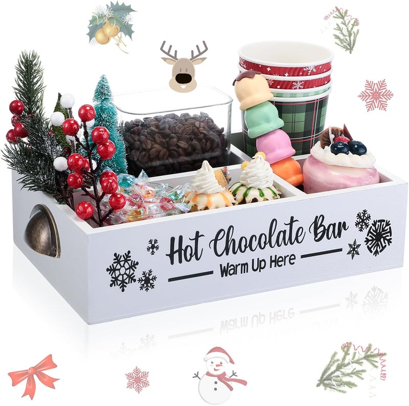 Soaoo Christmas Hot Cocoa Bar Coffee Station Organizer Decorative Wood Storage Box with Handle Coffee Organizer Pod Holder for Countertop Decorative Xmas Storage Bins Bar Accessories(White) - Image 1