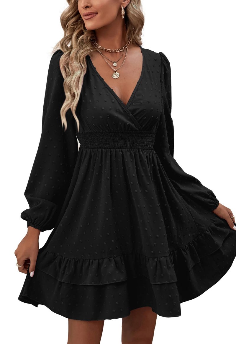 Rooscier Women's Wrap V Neck Swiss Dots Swing Ruffle Long Sleeve Mini Dress Plain Black Small - Image 5