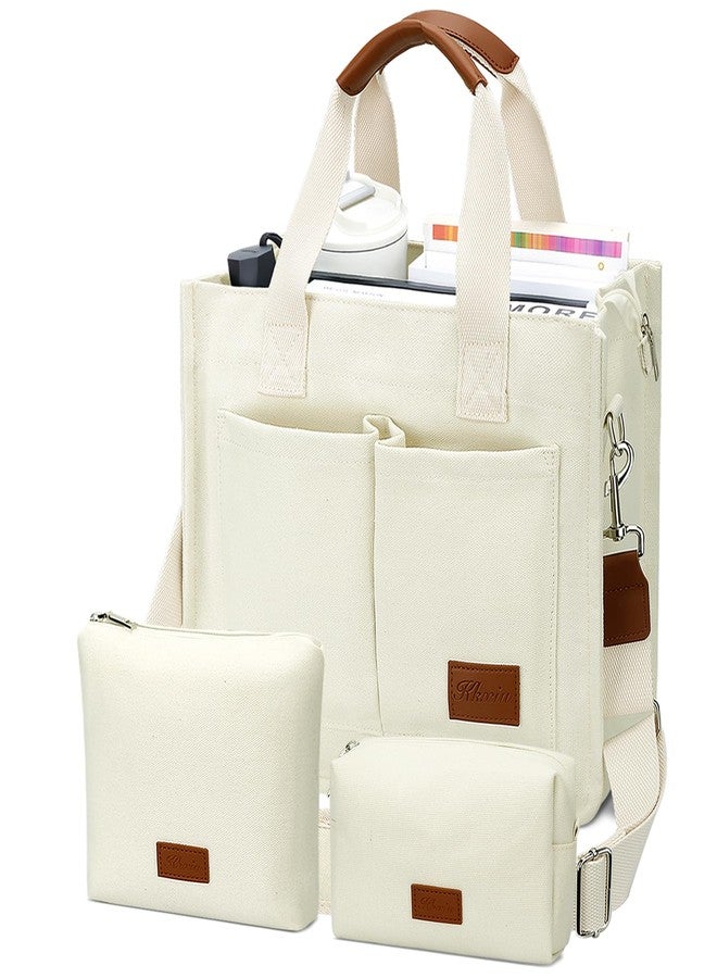 KKXIU Large Canvas Tote Bag for Women with Zipper and Compartments Crossbody Work Bible Messenger Purse Bag With Pockets, Beige Set, Large - Image 1