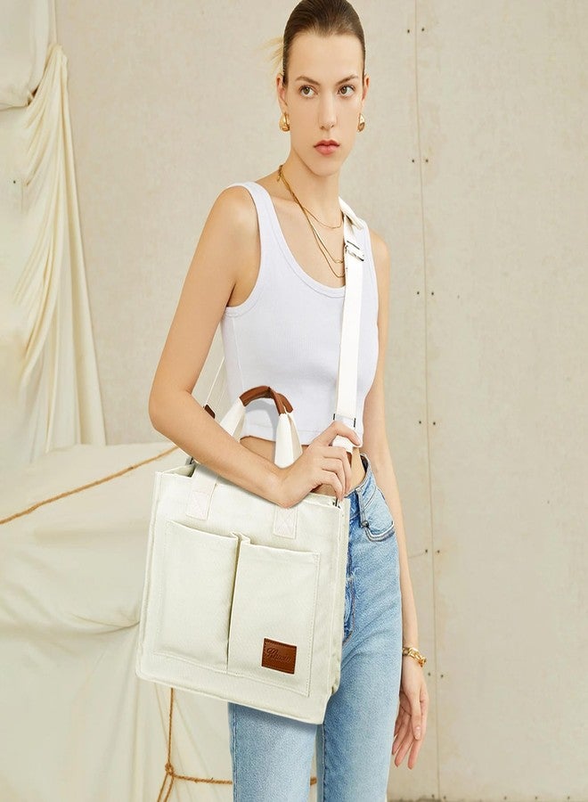 KKXIU Large Canvas Tote Bag for Women with Zipper and Compartments Crossbody Work Bible Messenger Purse Bag With Pockets, Beige Set, Large - Image 2
