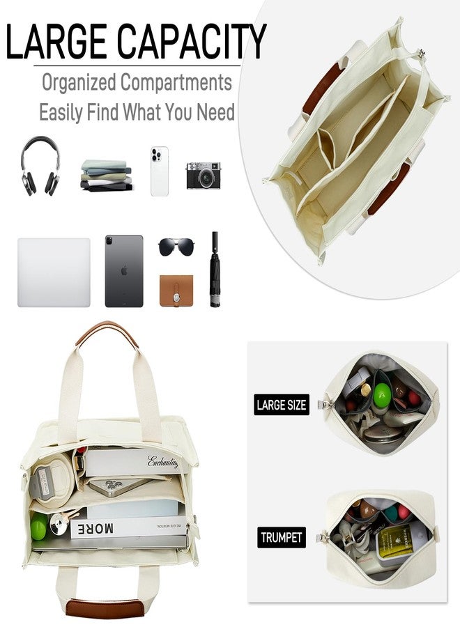 KKXIU Large Canvas Tote Bag for Women with Zipper and Compartments Crossbody Work Bible Messenger Purse Bag With Pockets, Beige Set, Large - Image 3